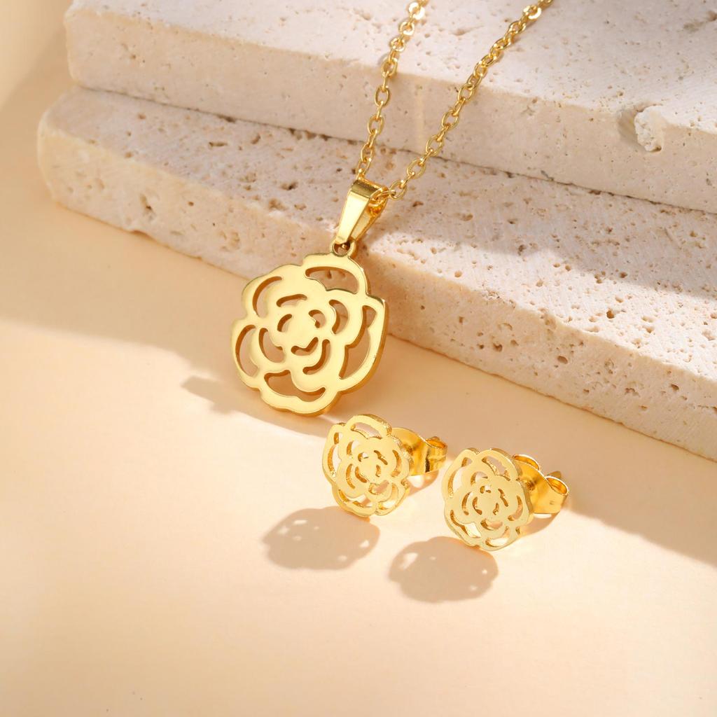 High Quality Stainless Steel Elephant Butterfly Flower Pendant Necklace Stud Earrings Luxury Party Jewelry Set for Women Gift