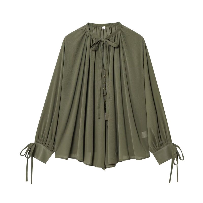 

Kaslead New Women clothes Western Style Temperament Bow Lace-up Long sleeve Shirts Top Green L