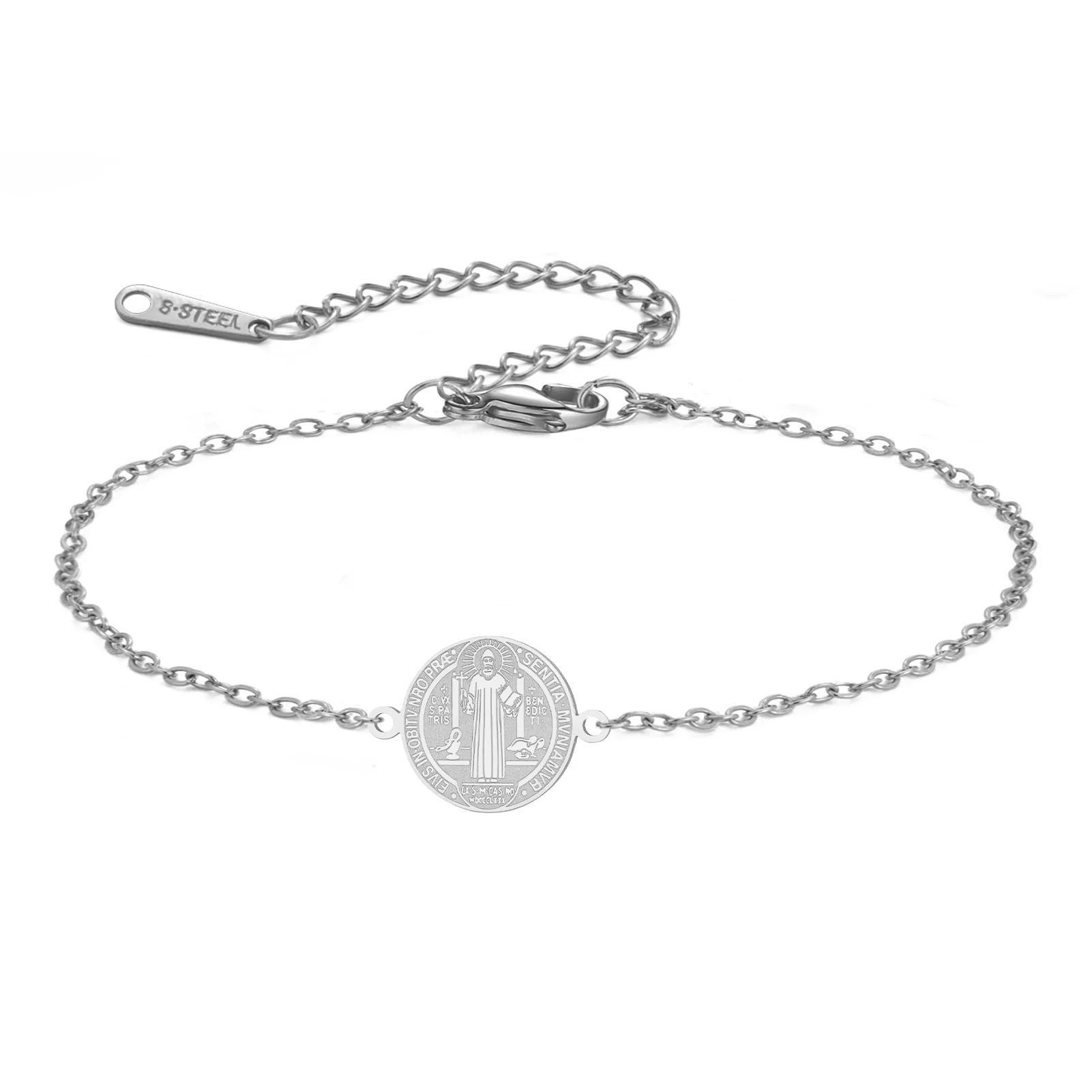 

cazador Stainless Steel Saint Benedict Exorcism Cross Bracelet for Women Men Adjustable Wax Rope Bracelets Religious Jewelry 17-22cm