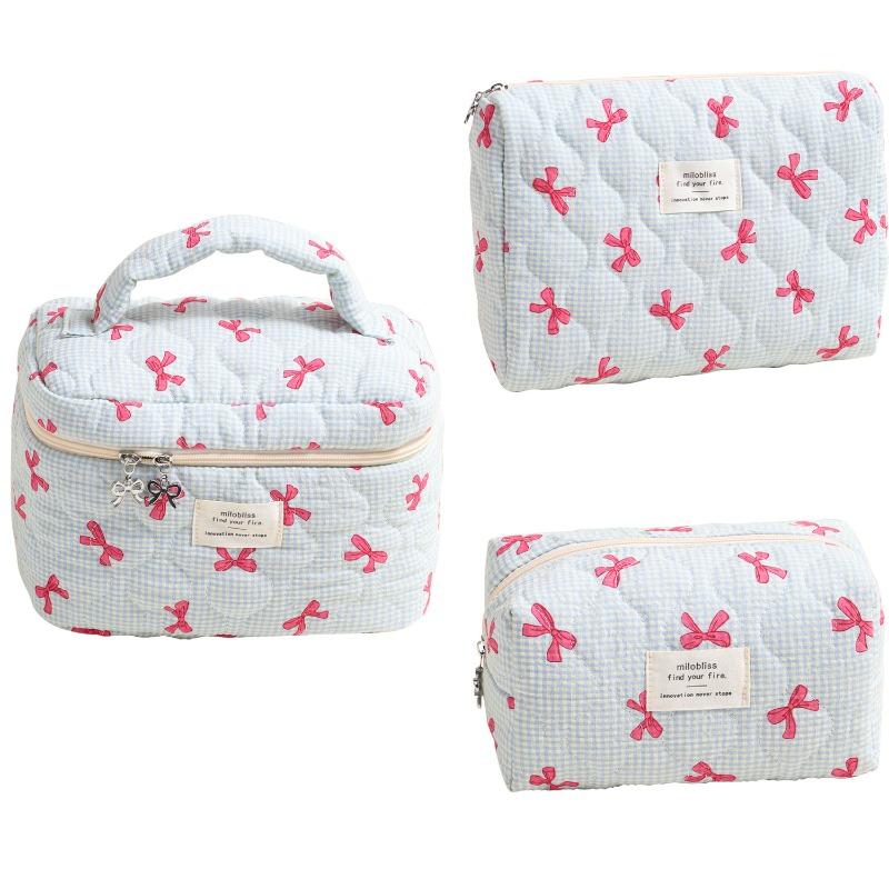 Bow Print Pink Blue Cute Makeup Bag for Women Large Capacity Toiletry Pouch Cute High Quality Cosmetic Organizer Storage Case