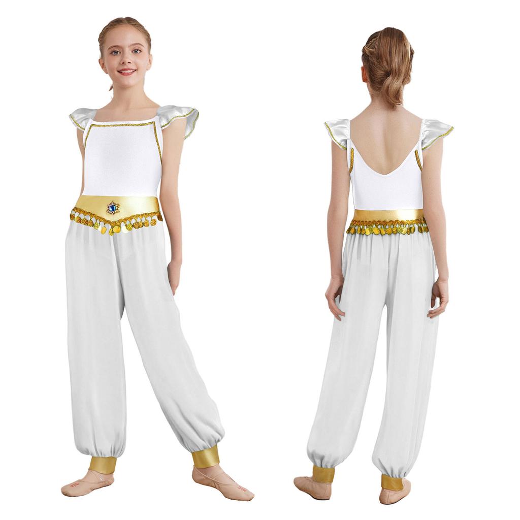 Pantaloni con Strass, Paillettes e Frange per Bambina: Pantaloni Lunghi in Chiffon con Design a Manica Svasata Patchwork, Spacco Laterale e Slip Integrati per Role Play Arabo