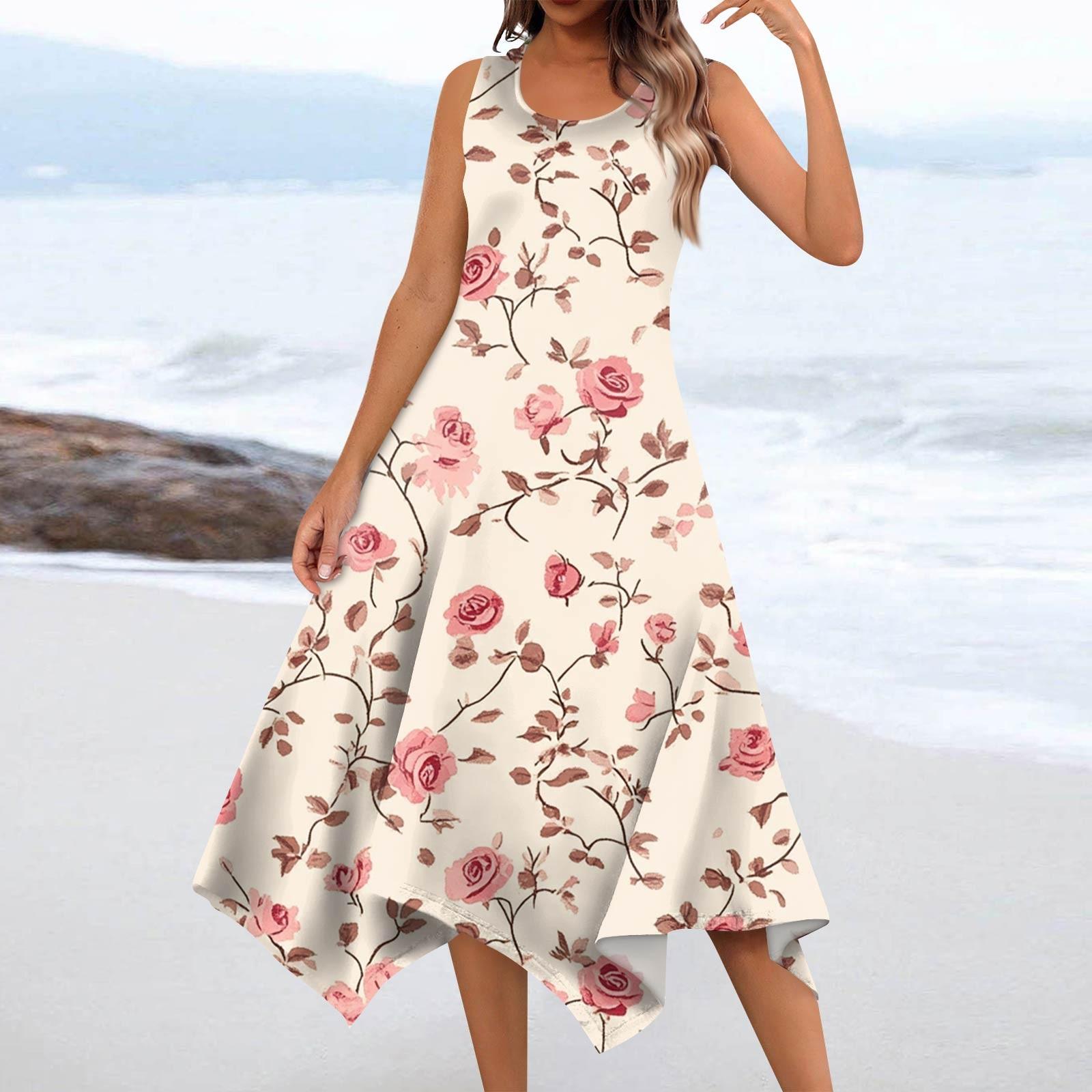 

Женские летние модные платья миди с круглым вырезом без рукавов и цветочным принтом, неровным подолом S розовый