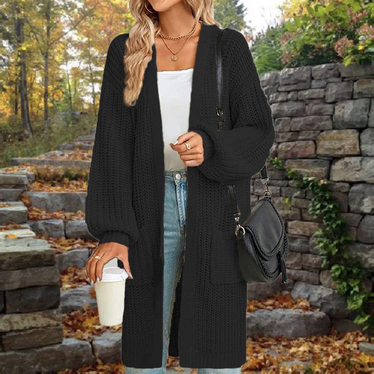 Solid Color Women's Knitted Mid-length Cardigan with Pockets