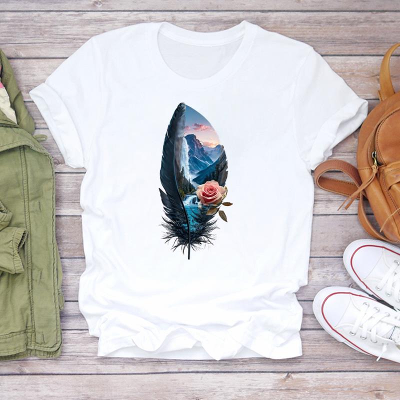(Asian Size) Printed Women Tee Lady feather style trend Female Clothing T Shirt  Casual Fashion Top Graphic Short Sleeve T-shirts