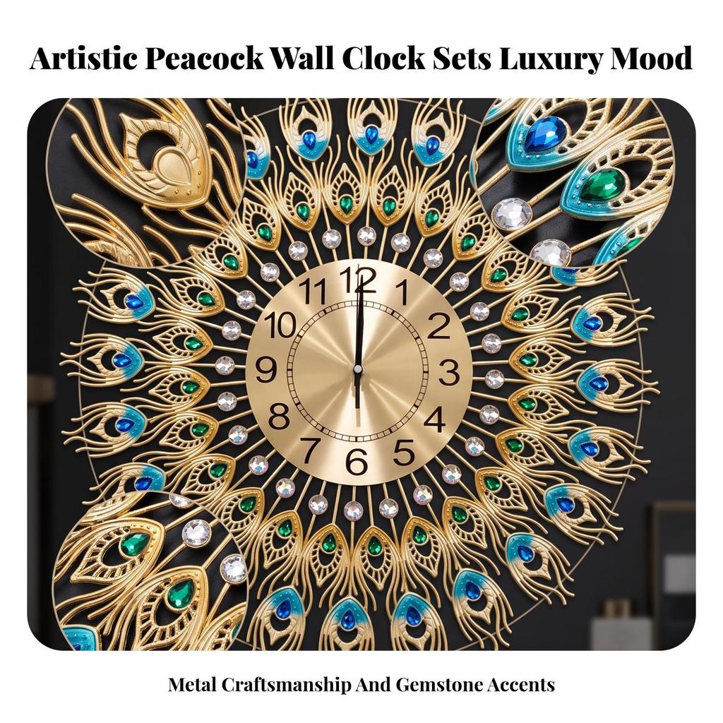 Peacock Wall Clock Non-Ticking Radial Modern Glam for Living Room