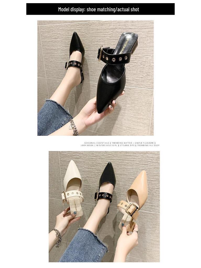 Women's 2025 Summer Korean Style Pointed Toe Closed Slippers with Belt Buckle & Chunky Heel