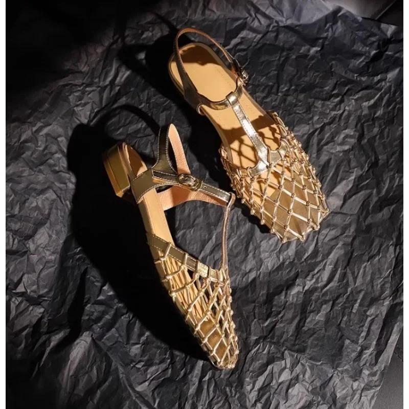 2026 Women Summer European and American Comfortable Leather Cowhide Hollow Bird's Nest Low Heel Baotou Large Size Roman Sandals