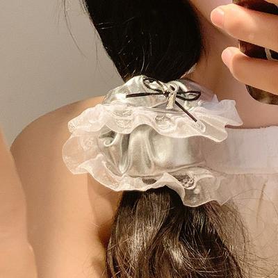 Silver Bow Korean Large Intestine Hair Band Hair Accessories Female Lace Tie Ball Head Does Not Hurt Hair Rope Head Jewelry Wholesale