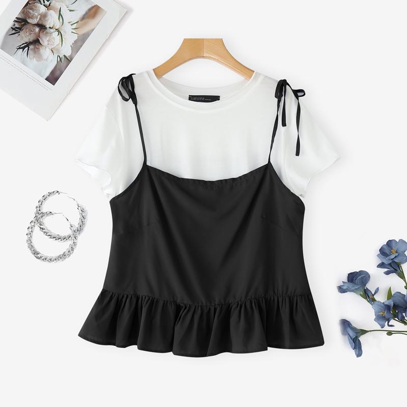 ZANZEA Women Casual Fake Two Piece Patchwork Short Sleeve Blouse