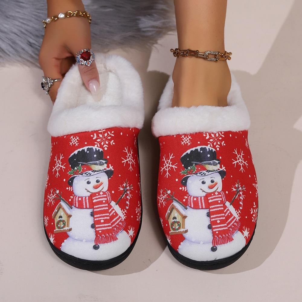 Winter Couple Slippers Cotton Snowman Cartoon Christmas Print Warm Fashion Home Indoor Plush Shoes