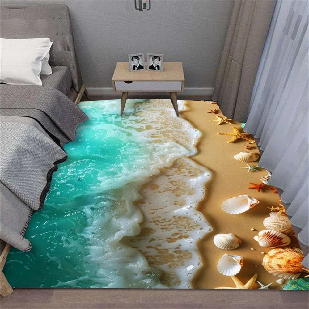 Carpet Summer Waves Beach Shell Rug - Soft Non-Slip Washable Modern Decor for Living Room Sofa Bedroom Kitchen Coastal Theme
