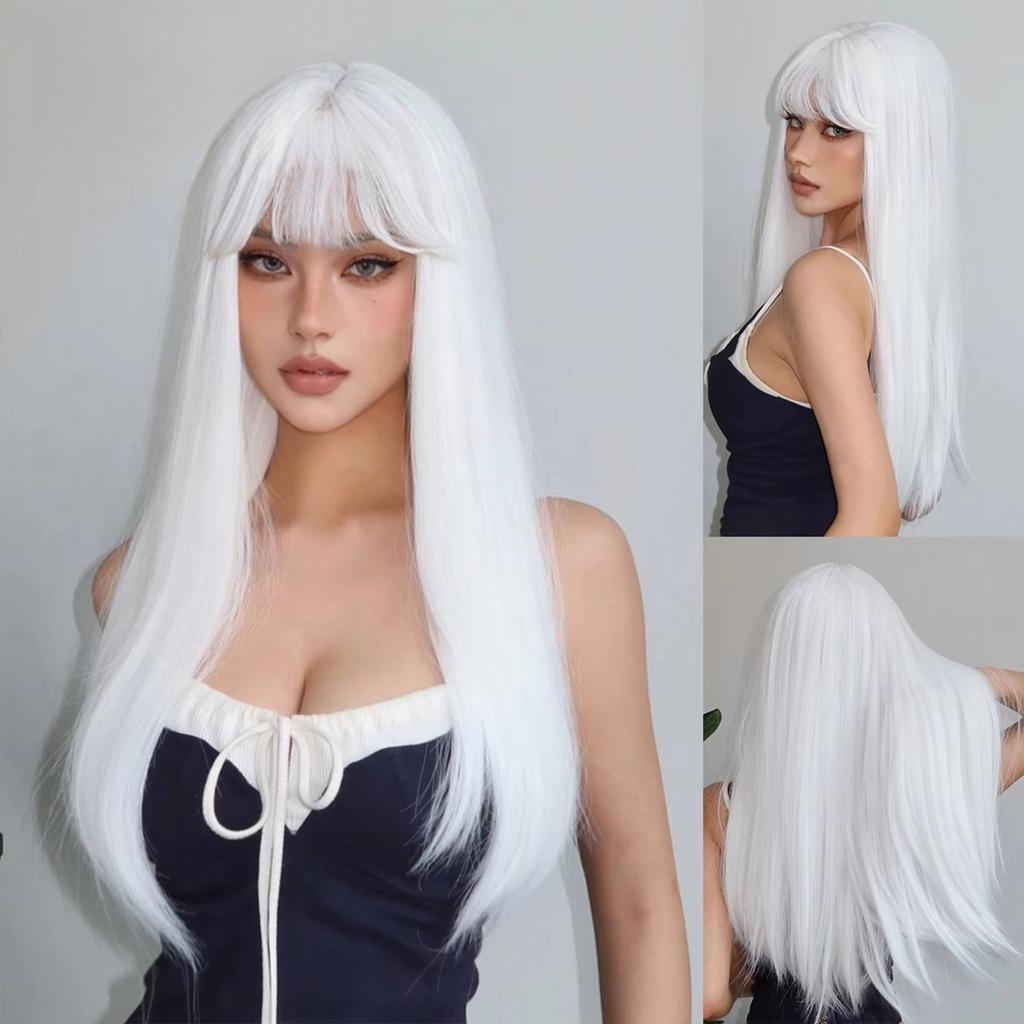 Black Synthetic Wig with Long Straight Hair - Halloween Cosplay Costume, Role-playing Party, High-temperature Hair Cap