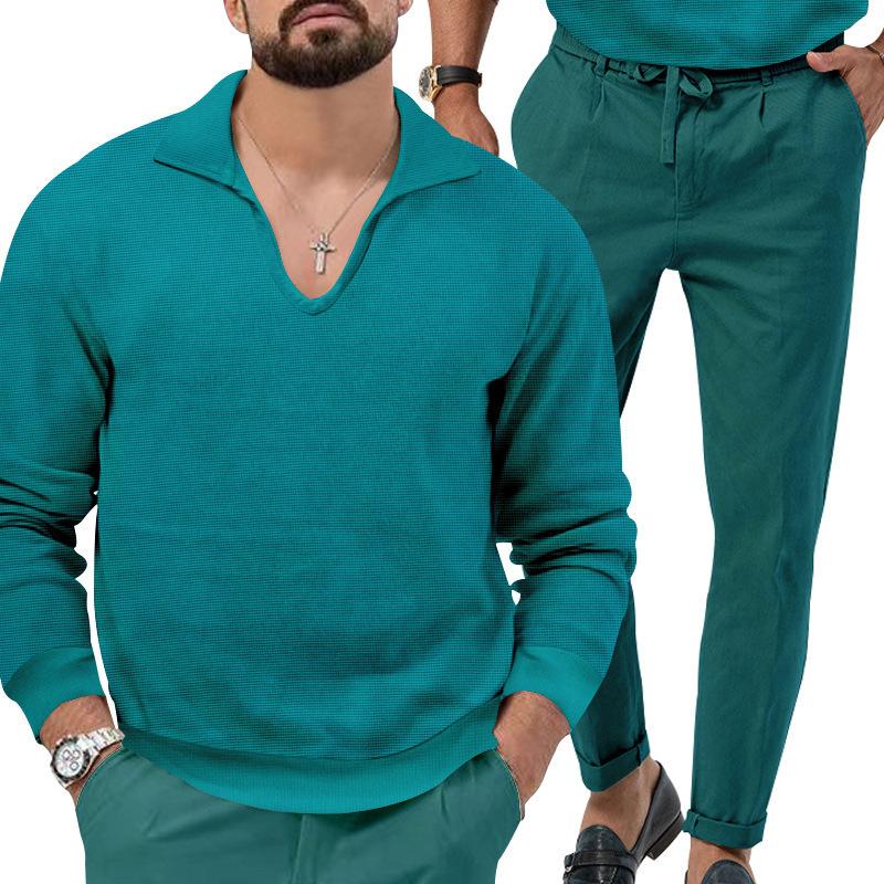 Autumn/Winter New Arrival: Men's Waffle Weave Casual Long-Sleeved Top and Trousers Two-Piece Set