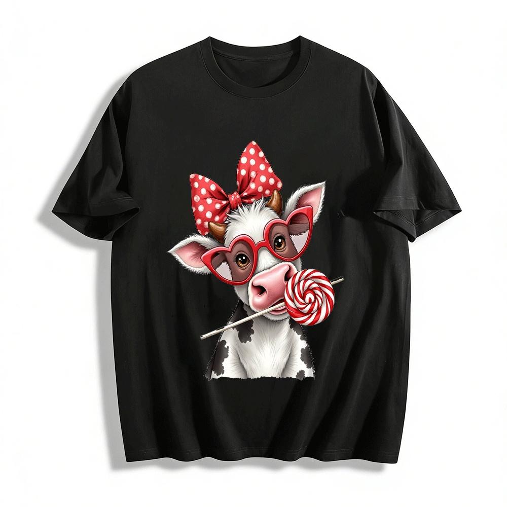 Cute Cow With Heart Glasses Print Tee Festive Vibe Top Pure cotton T-shirt XXS
