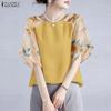 ZANZEA Women Casual Round Neck Loose Print Splice Half Sleeve Blouse