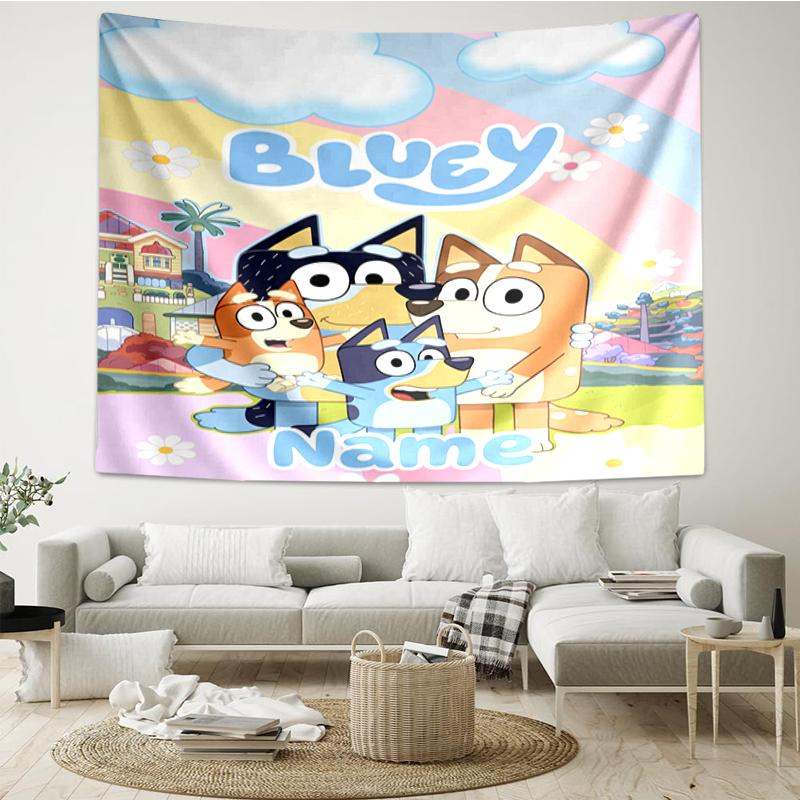 Custom Name Bluey Print Tapestry, Backdrop, Easy Setup, Ideal for Bedroom, Office & Living Room, with Aesthetic Wall Hanging Decor.