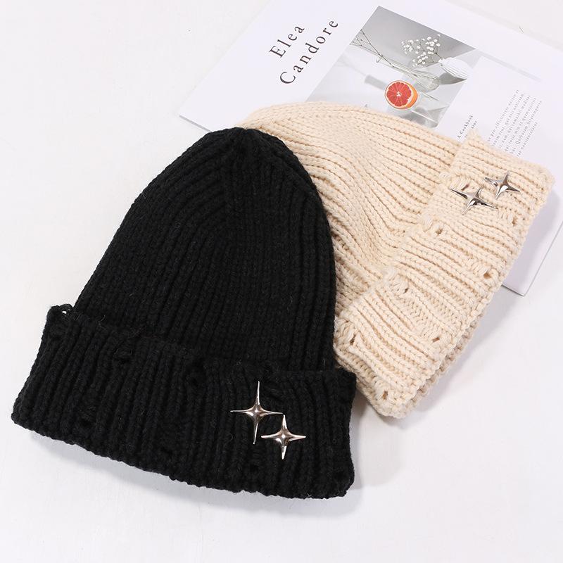 Hat Men and Women Stars Ripped Wool Hat Japanese Pointed Knit Hat Autumn and Winter Warm Pullover Cold Hat