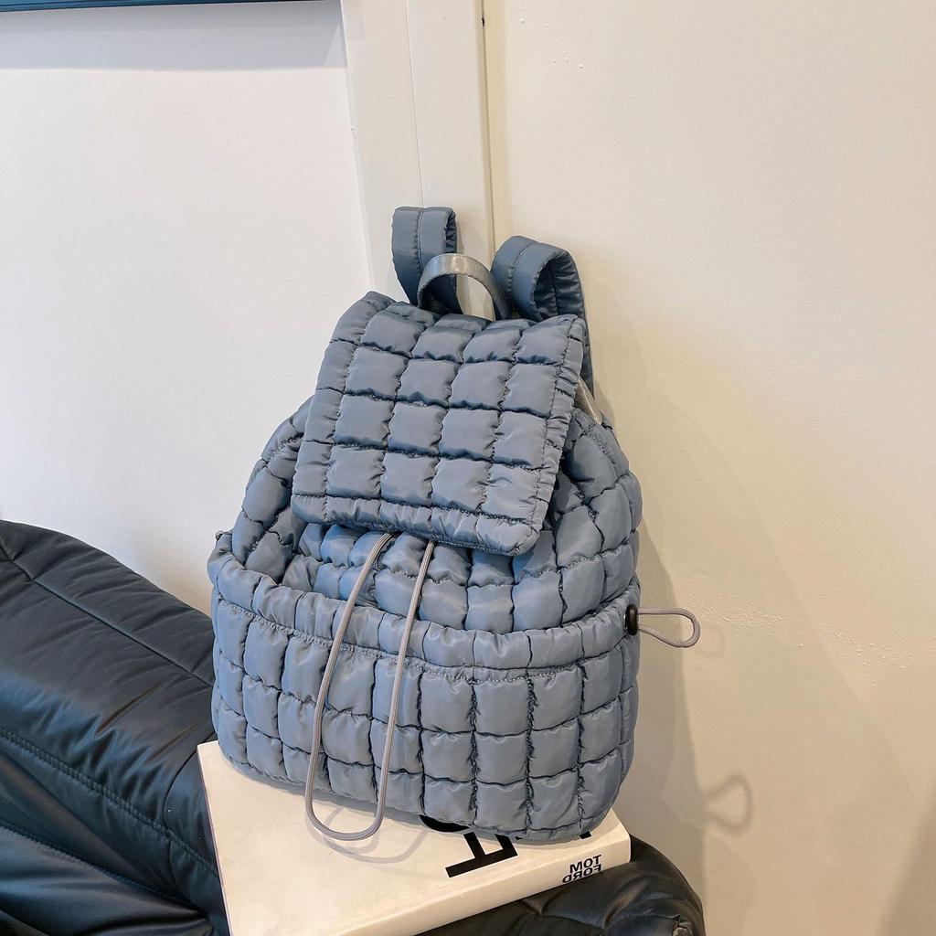 Schoolbag Down Backpack Women's New Commuter Travel Large Capacity Backpack Light Fluffy Plaid Casual Korean Bag