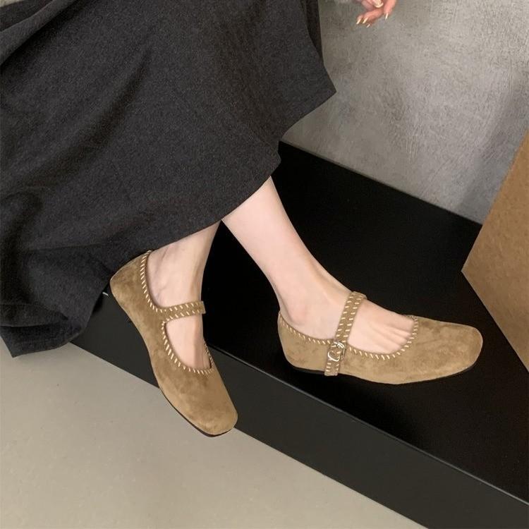 French Suede Ballet Flats Women's 2025 Spring and Autumn New Retro Square Head Casual Flat Mary Jane Single Shoes