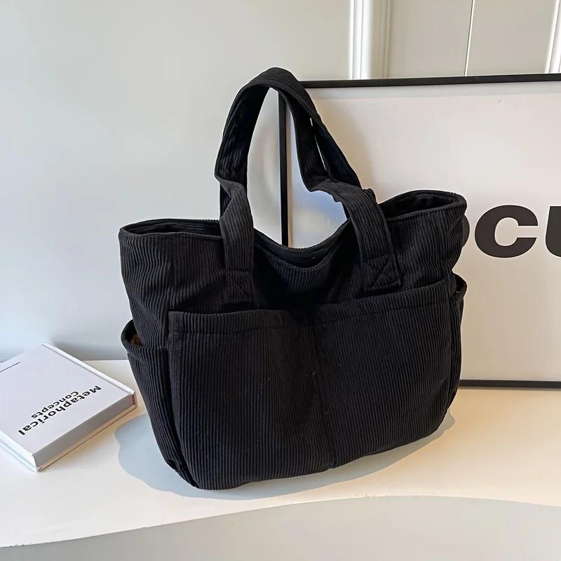 Large Capacity Women's Corduroy Tote Bag Casual Striped Shoulder Bag with Fixed Straps Zipper Handbag for Daily Commuting