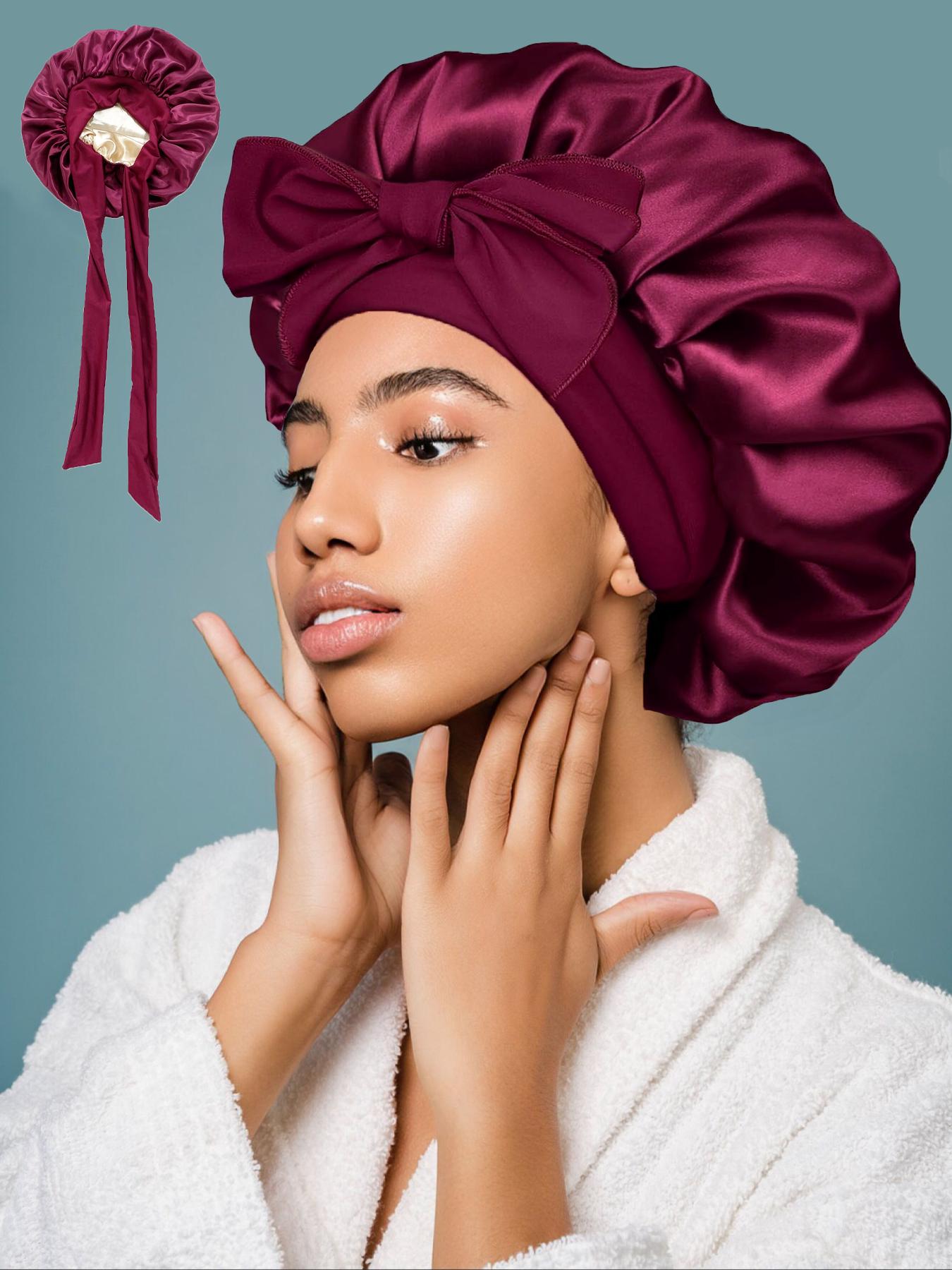 Women Big Satin Bonnet Extra Elastic Long Strap Night Sleep Cap 2Layer Wearable Silk Hair Wrap Hat Stretchy Tie Band Adjustable One Size