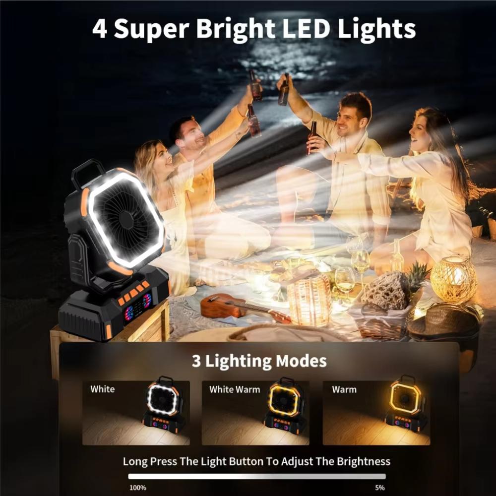Ventilatore a Batteria da 40000mAh Portatile Ricaricabile da Scrivania/Campeggio con Luce LED e Gancio Ventilatore da Esterno per Tenda Viaggio in Auto