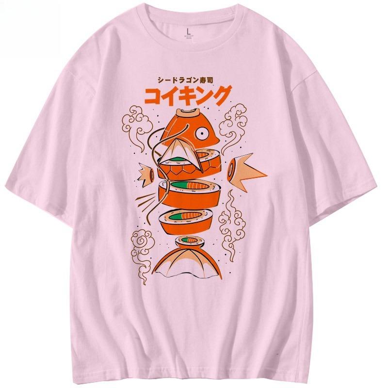 T-shirt a maniche corte in puro cotone stile giapponese Pokemon Carpa Re Magikarp Sushi Sashimi Ampia da uomo e da donna Top estivi