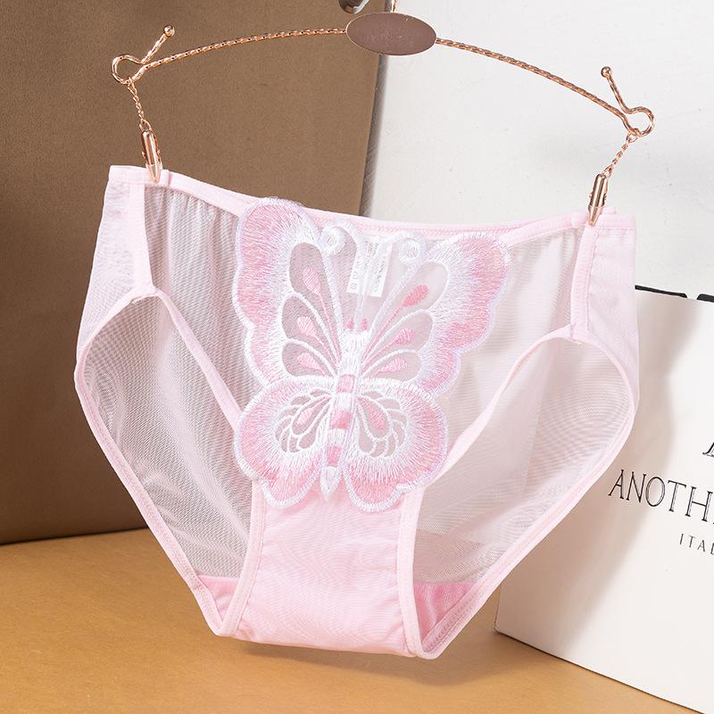 Plus-size Ladies Summer Lace Butterfly Embroidery Hollow Mesh Cotton Crotch Waist Panties