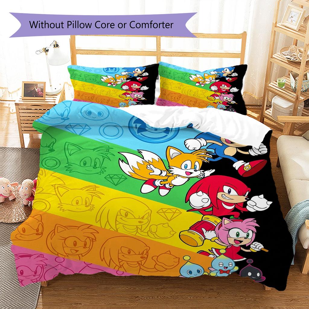 Hedgehog Sonic Pattern Bedding Quilt Set Quilt Cover Pillowcase Home Decoration Birthday Gift (1 * Duvet Cover + 2 * Pillowcase, Without Core)