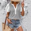 Women's Summer New Splicing Bubble Sleeve Top Small Lapel Casual Striped T-Shirt