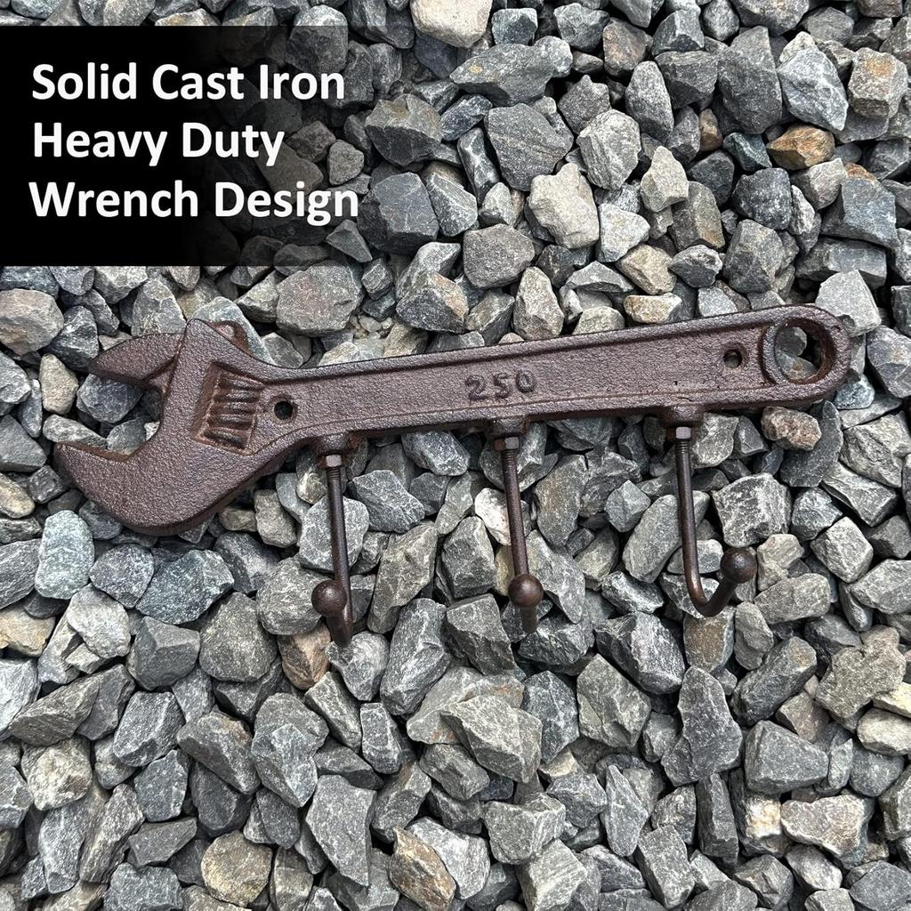 Retro Vintage Key Rack Holder Hooks Cast Iron Wrench Spanner Shape Decorative Wall Mounted Antique Man Cave Garage Tool Holder Coat Hat Rack Hanger