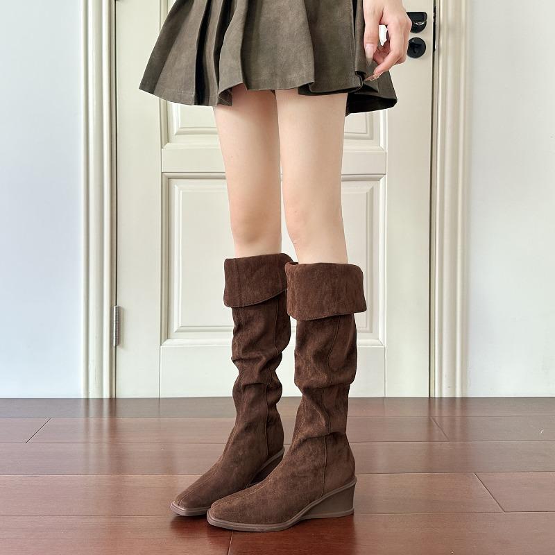 Over-knee Boots Women's Winter Fashion Boots Suede Square Head Slope Heel Piled Boots Women Commuting Two Wear Pleated Thin Boots