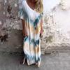 Casual Loose Short Sleeve V Neck Tie Dye Slit Long Dress For Women