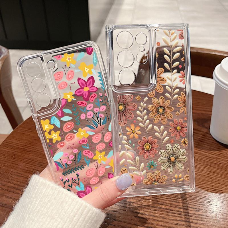 Cartoon Flower Transparent Case For Samsung Galaxy S25 S24 S22 Ultra S23 S24 FE A17 A56 A16 A36 A26 A55 A15 A25 A54 5G Clear Soft TPU Phone Cover