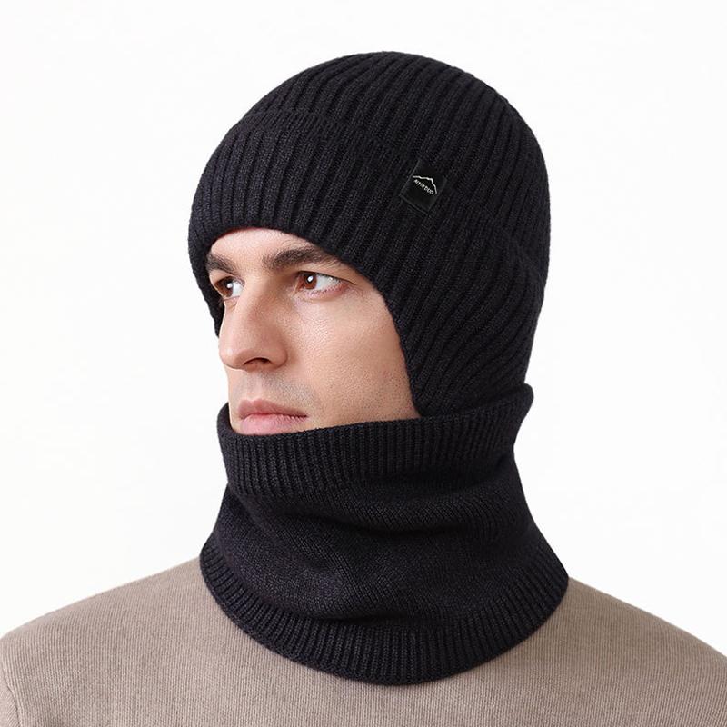 Knitted Hat Men's Fleece Solid Color Cap Scarf Kit Winter Outdoor Warm Wool Hat