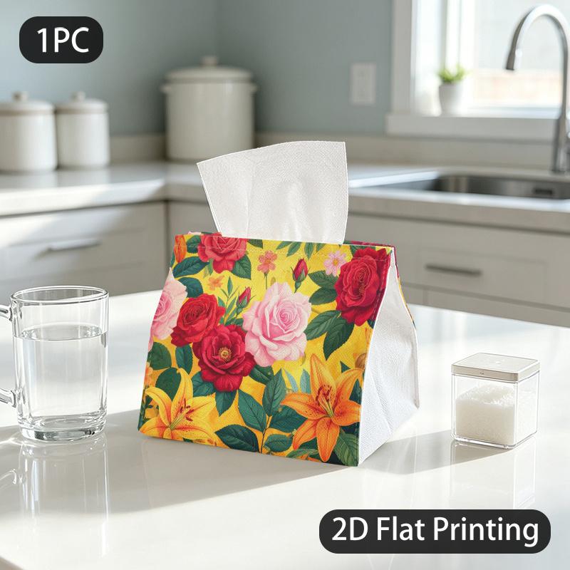 1pc Vibrant Floral Rose Lily Tissue Box Suitable for Home, & Dining Room - Cheerful Decorative Tissue Holder with Rose Lily Pattern, Compact Portable,