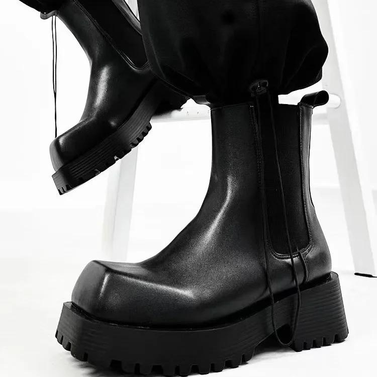 Fashion Square Toe Platform Black Boots Women/men 2025 New Autumn Winter Fashion Ankle Boots Wedges Side Elastic Fabric Slip On Shoes
