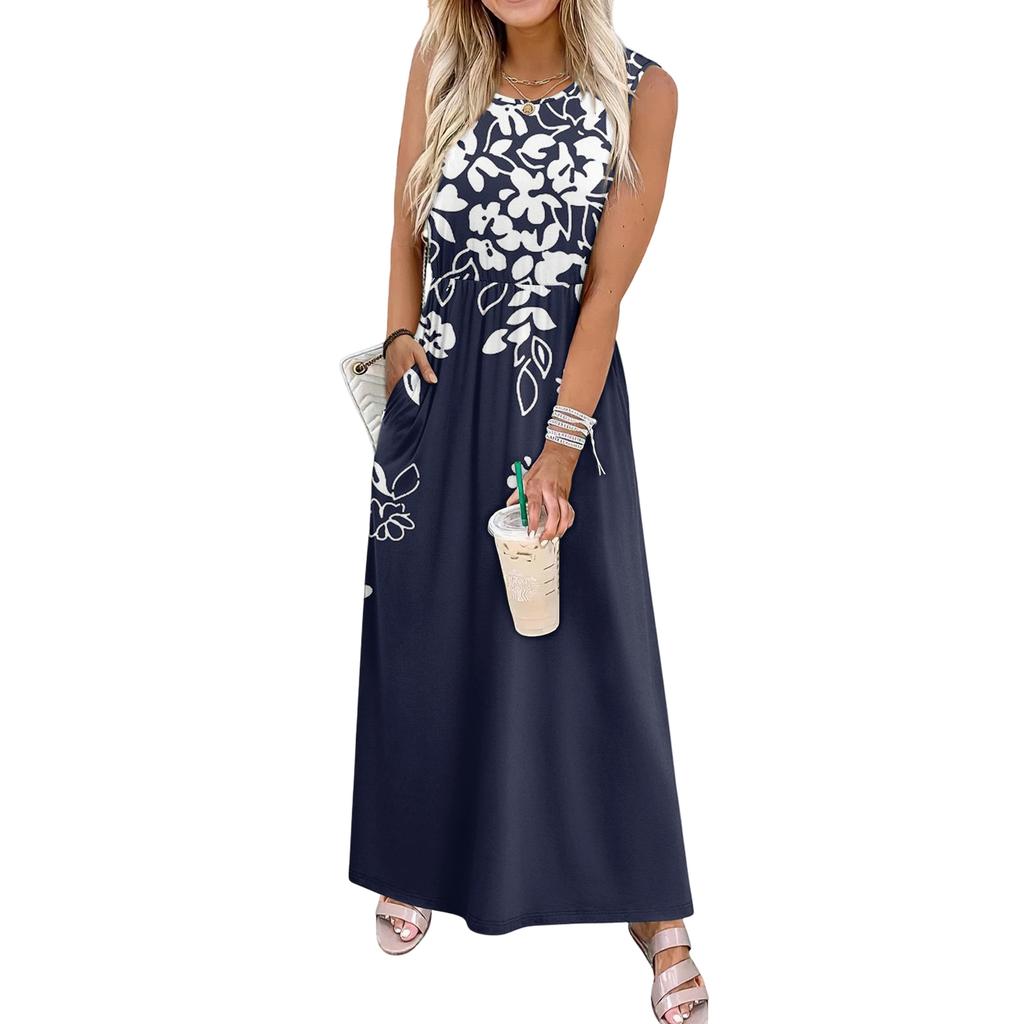 Ladies' Floral Print Casual And Fashionable Waist Cinched Sleeveless Dress