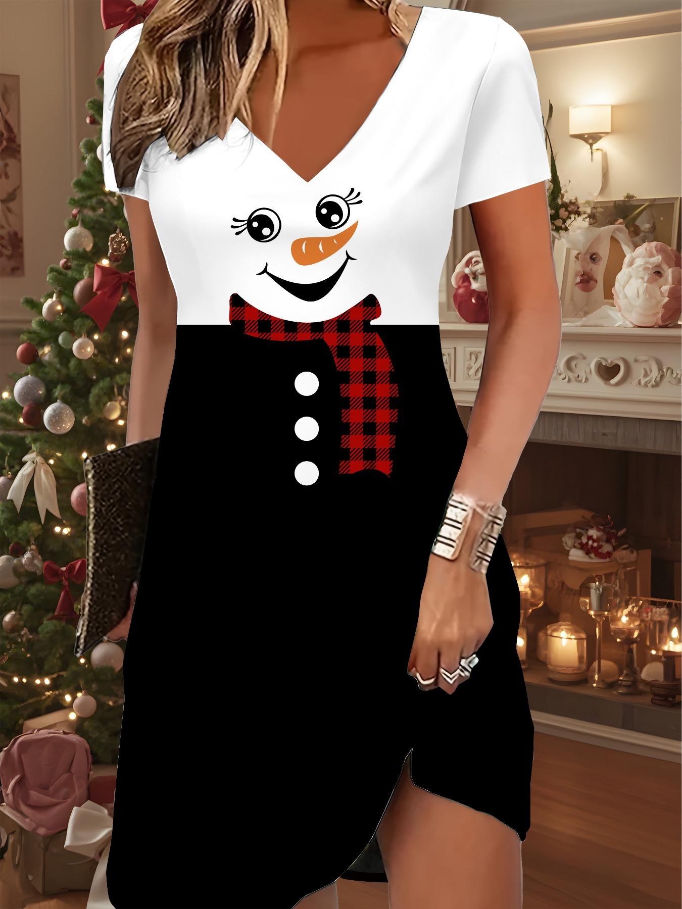 

Модное женское платье с V-образным вырезом и коротким рукавом, с принтом рождественского снеговика, сексуальное короткое платье 8XL белый