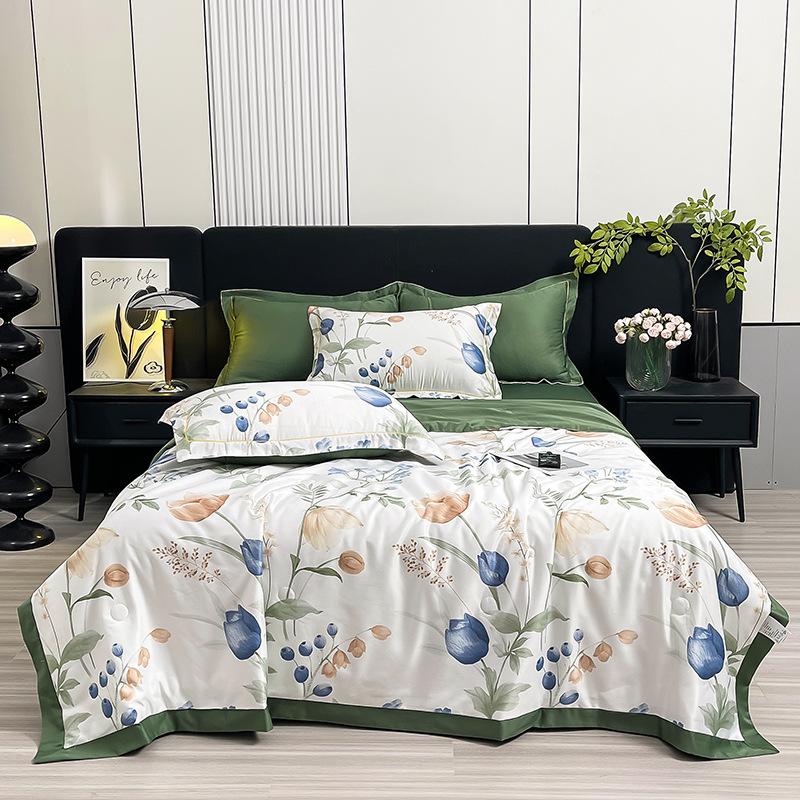 Floral Ice Silk Summer Quilt Cool Air Conditioner Washed Quilt Single Dormitory Thin Blanket King Size Luxury Bedding