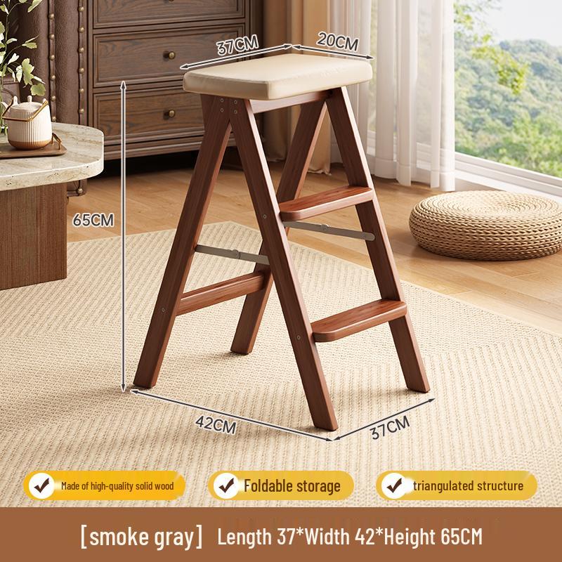 Solid Wood Folding Step Stool Chair - Multifunctional 3-Step Ladder for Kitchen and Household Use