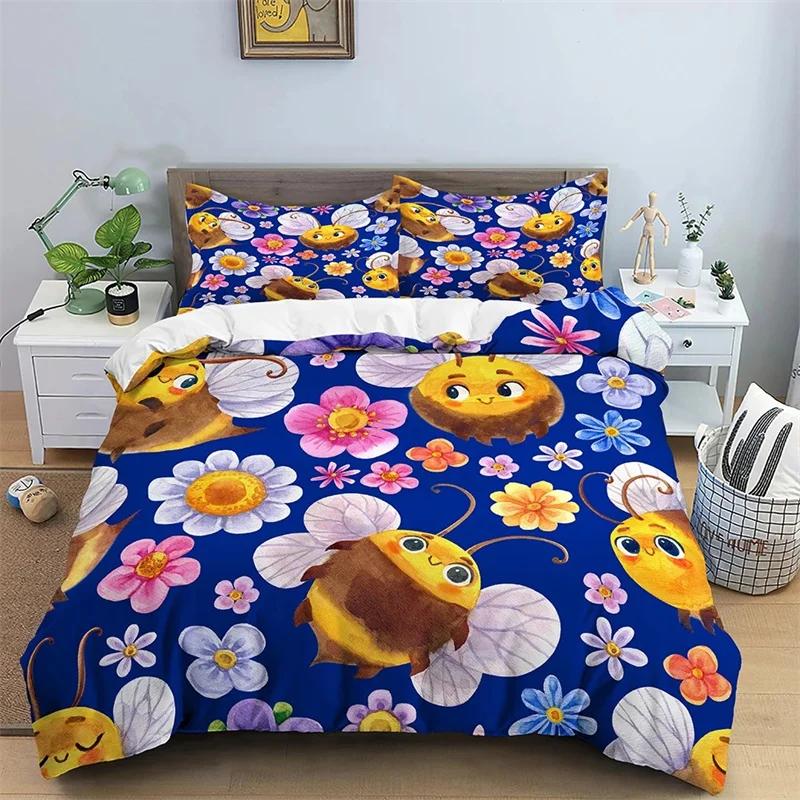 Kreskówkowy Pokrowiec na Kołdrę Uroczy Żółty Motyw Latających Zwierząt dla Dzieci Chłopców Dziewczynek Prezenty Kobiety Piękne Kwiaty Dekoracja Sypialni