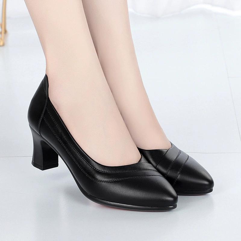 Comfortable Soft Leather Work Shoes Soft Sole Comfortable Mid-heel Four Seasons Single Shoes Women's Thick-heeled Non-slip Leather Shoes