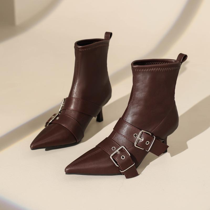 Fashion Vintage Stiletto Booties Fall New Pointed Toe Metal Buckle Back Zip Anti-Slip Wear-Resistant Heels