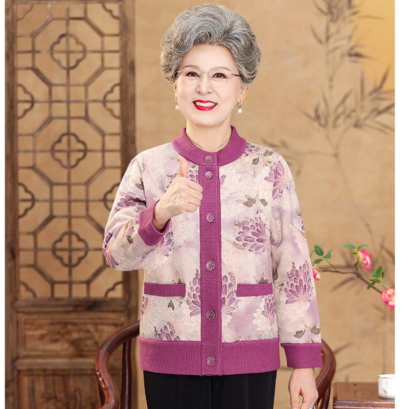 New mother spring and autumn clothing new middle-aged printed top-0-year-old middle-aged women's long-sleeved shirt