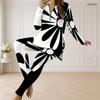 Women Plus Size Black White Striped Printed Half Zip Long Sleeve Longline Top And Fitted Pants Two Piece Set