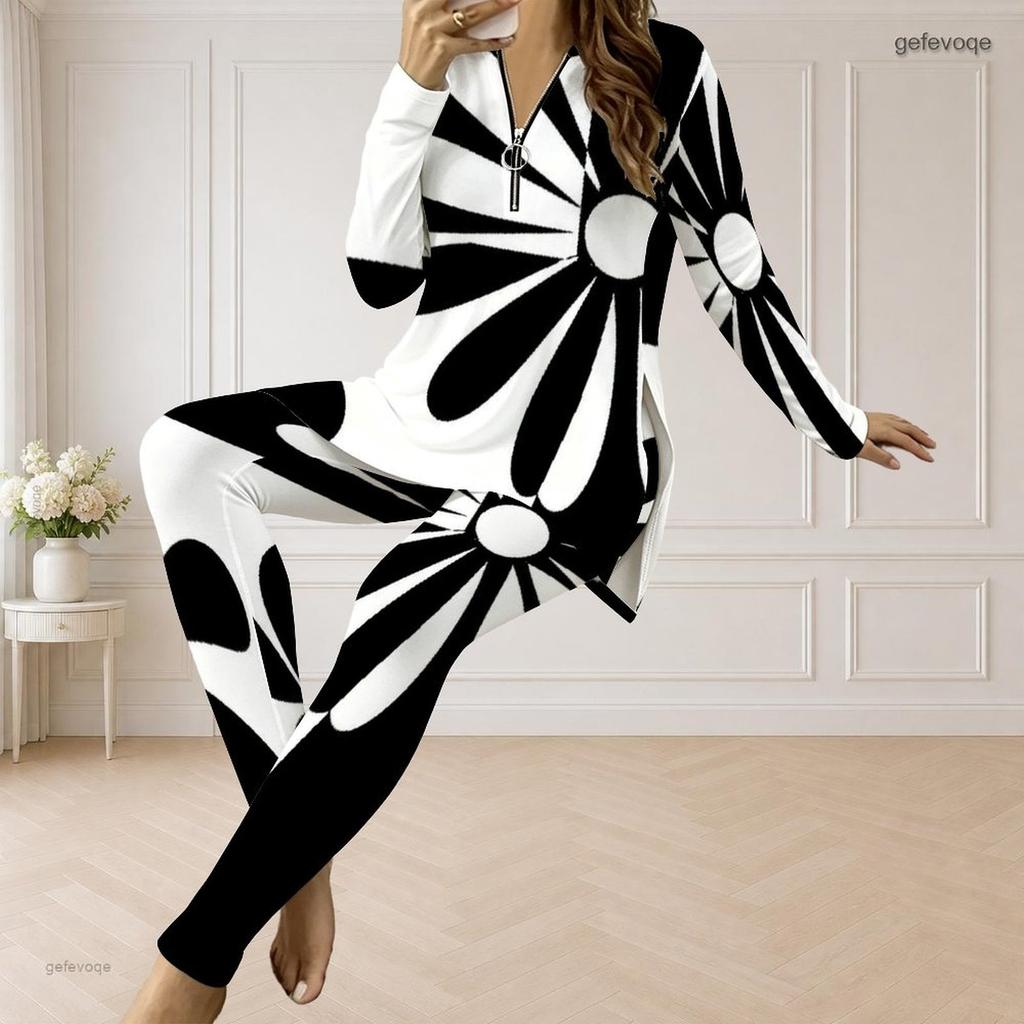 Women Plus Size Black White Striped Printed Half Zip Long Sleeve Longline Top And Fitted Pants Two Piece Set