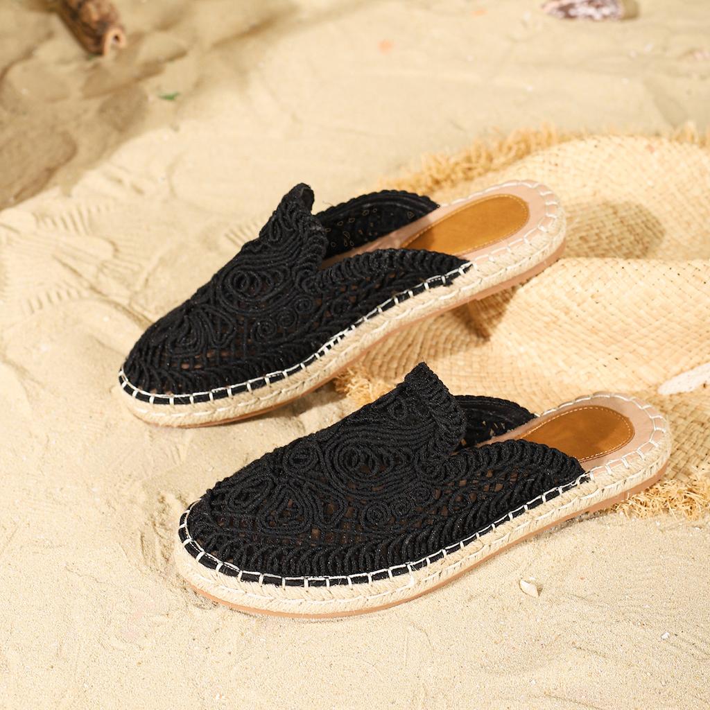 Baotou Hollow Half Slippers Women'S Summer Wear Round Head Flat Bottom One Pedal Lazy Fisherman Slippers