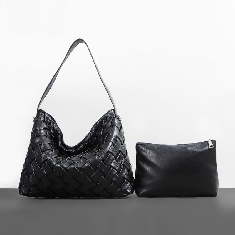 Плетеная женская сумка Большая Бродяга Наплечная Мягкая кожаная Сумка-ведро Подмышечная Сумка чёрный