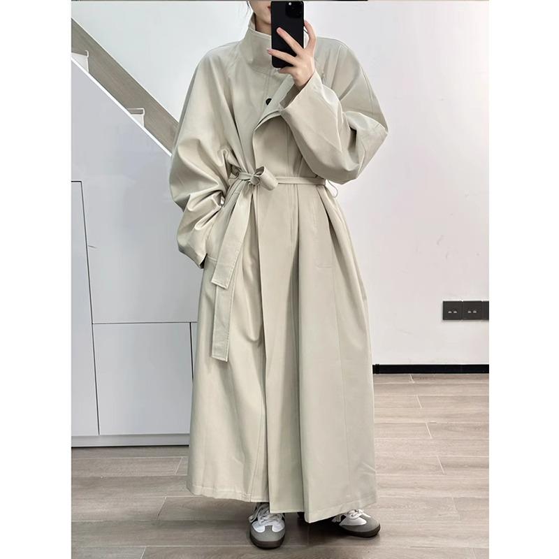 Women's Retro Style Mid-Length Cotton Trench Coat with Stand-Up Collar